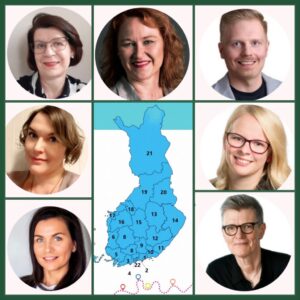 Suomen kartta keskellä, sen ympärillä on kasvokuvat seitsemästä aluevastaavast