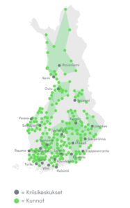 Kriisikeskukset Suomen kartalla, MIELI ry:n koordinoima kriisikeskusverkosto.