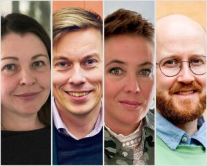 Panelistit tiiviissä kasvokuvassa: Kuvassa vasemmalta: Meri Larivaara, Veli-Matti Rinnetmäki, Gretel Ruuskanen ja juontaja Juho Mertanen.