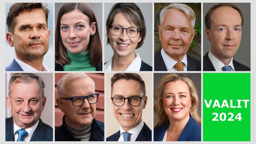 Koosteuvassa vaalien 2024 presidenttiehdokkaat: • Mika Aaltola, Li Andersson, Sari Essayah, Pekka Haavisto, Jussi Halla-aho, Harry Harkimo, Olli Rehn, Alexander Stubb ja • Jutta Urpilainen.