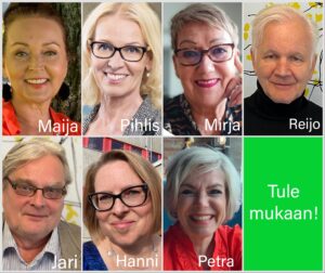 MIELI Henkilöjäsenet ry:n hallitus 2026–2027, kuvakooste, vasemmalta alkaen puheenjohtaja Maija Innanen, varapuheenjohtaja Riitta Pihlajamäki sekä hallituksen jäsenet Mirja Erlund, Reijo Laitinen, Jari Lallinaho, Hanni Muukkonen-van der Meer ja Petra Vuorela. Kuvassa lukee: Tule Mukaan!