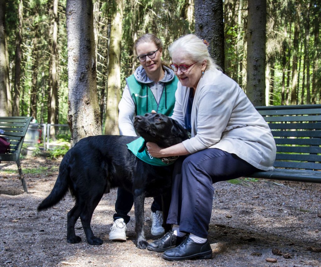 Koira ja kaksi henkilöä rapsuttaa sitä.